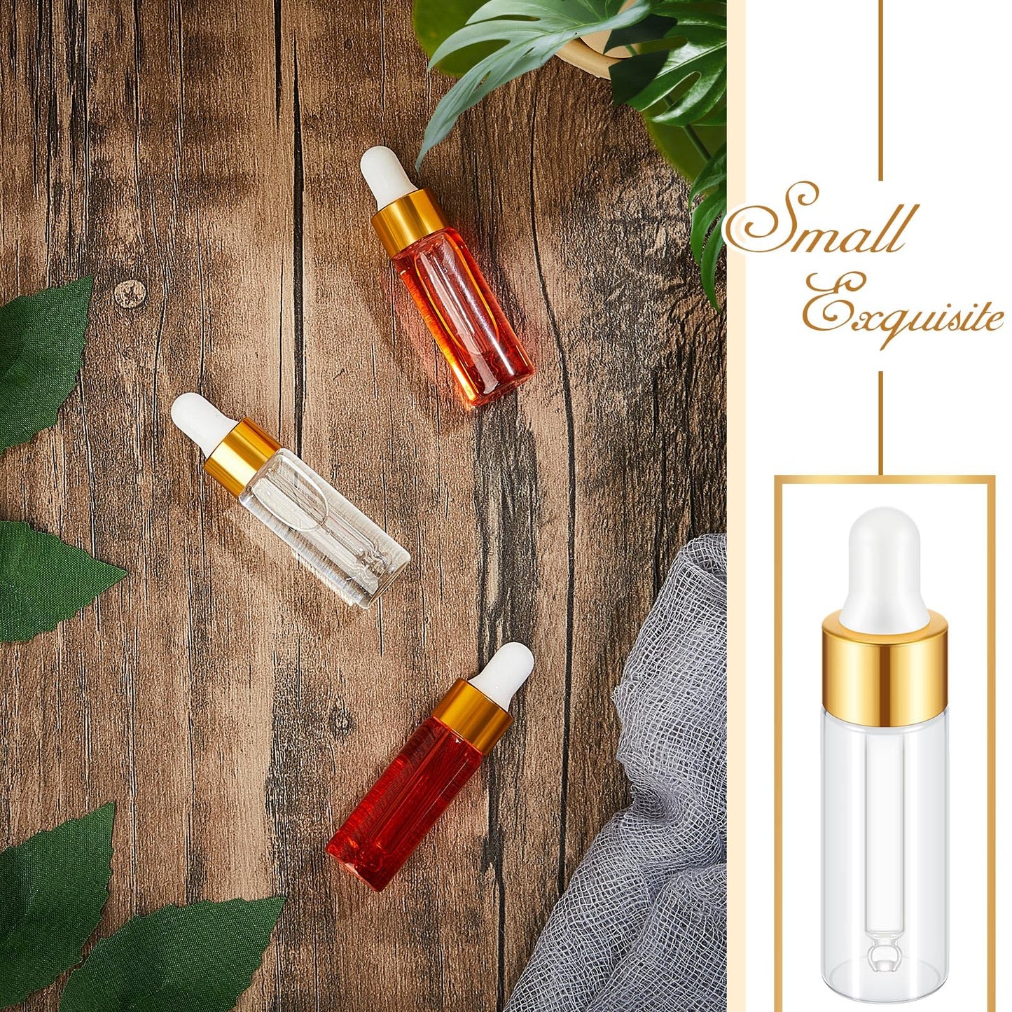 Didaey 200 Pcs 5 ml Mini Glass Oil Dropper Bottle Bulk, Clear Essential Small Empty Bottles Sample Containers Perfume Liquid Vials with Cap for Traveling (Champagne Gold)