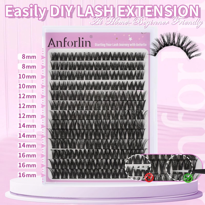Lash Clusters 8-16mm Wispy Cluster Eyelash Extensions 143 PCS D Curly Volume Lash Clusters Wide Band Individual Lashes False Eyelashes DIY at Home Beginner Friendly, by Anforlin