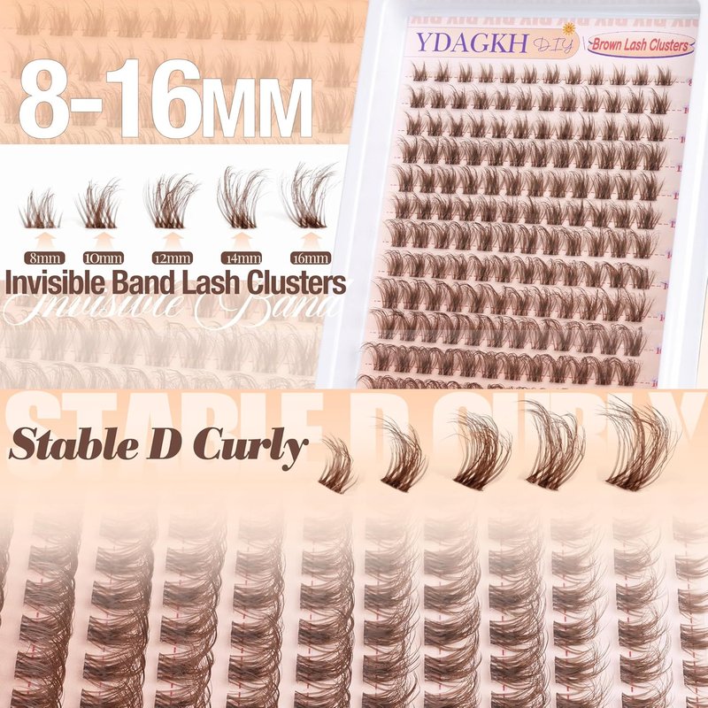 Natural Brown Lash Clusters - Wispy Eyelash Extensions with Invisible Band | 8-16mm D Curl Individual Lashes