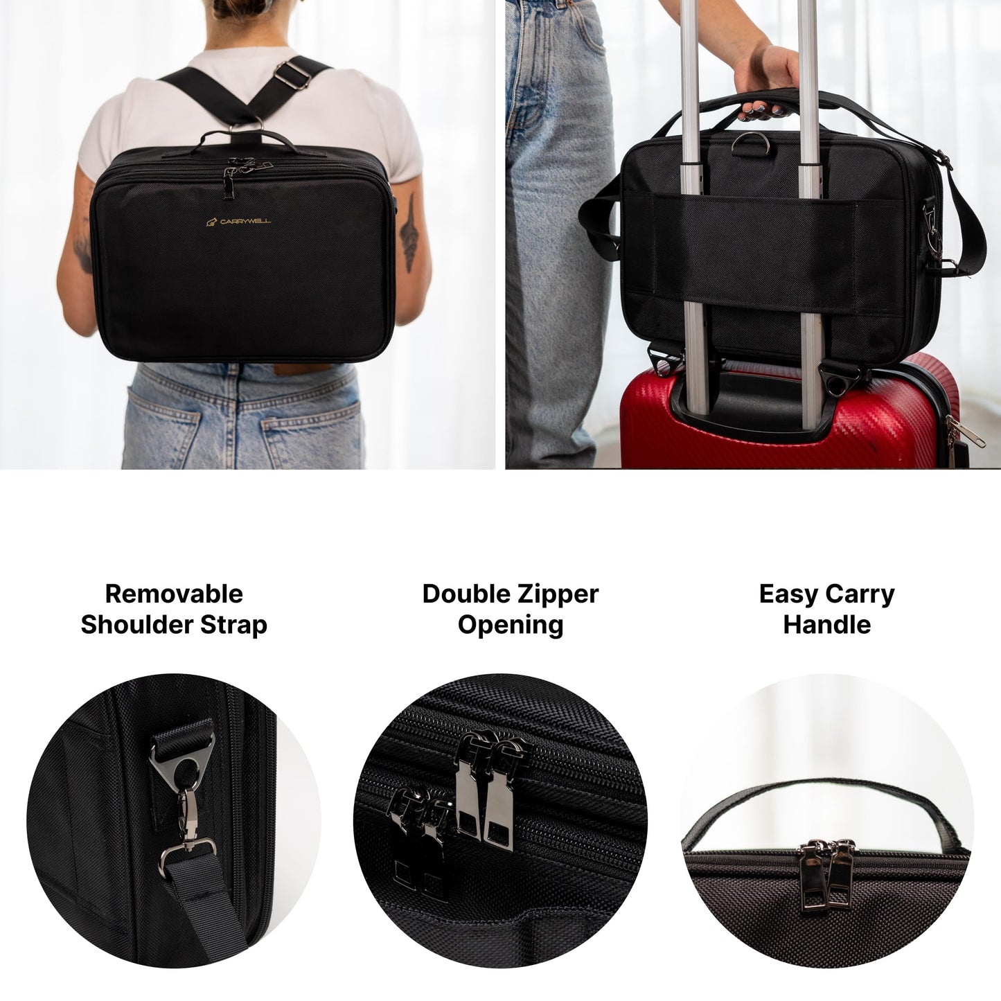 Carrywell Makeup Bag Travel Case, Not-Made In China, Hard Train Case for Cosmetics, Portable Beauty Artists Organizer, Storage Box With Adjustable Dividers For Make Up and Brushes, Medium Black