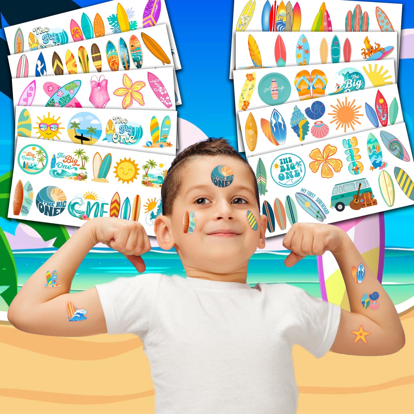 Cute Surfing Temporary Tattoos - The Big One Surf Birthday Party Favors & Supplies - Summer Beach Themed Stickers - 10 Sheets, 100 PCS Gifts for Kids Boys Girls