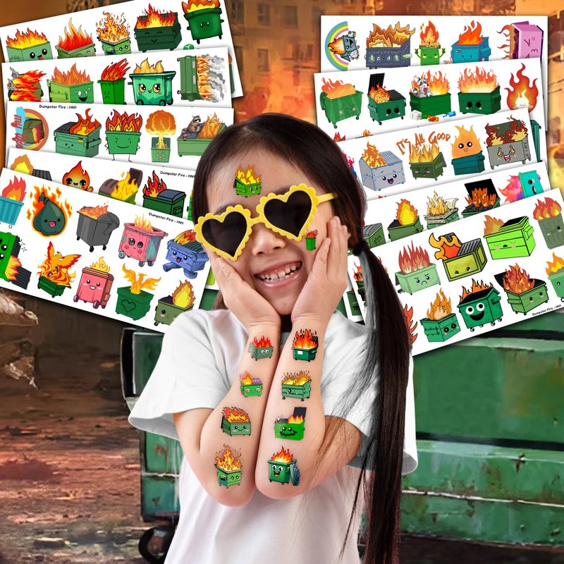 96PCS Dumpster Fire Temporary Tattoos Themed Birthday Party Favors Decorations Supplies Funny Garbage Trash Bin Firetruck Tattoo Stickers Gifts For Kids Boys Girls School Prizes Carnival Christmas