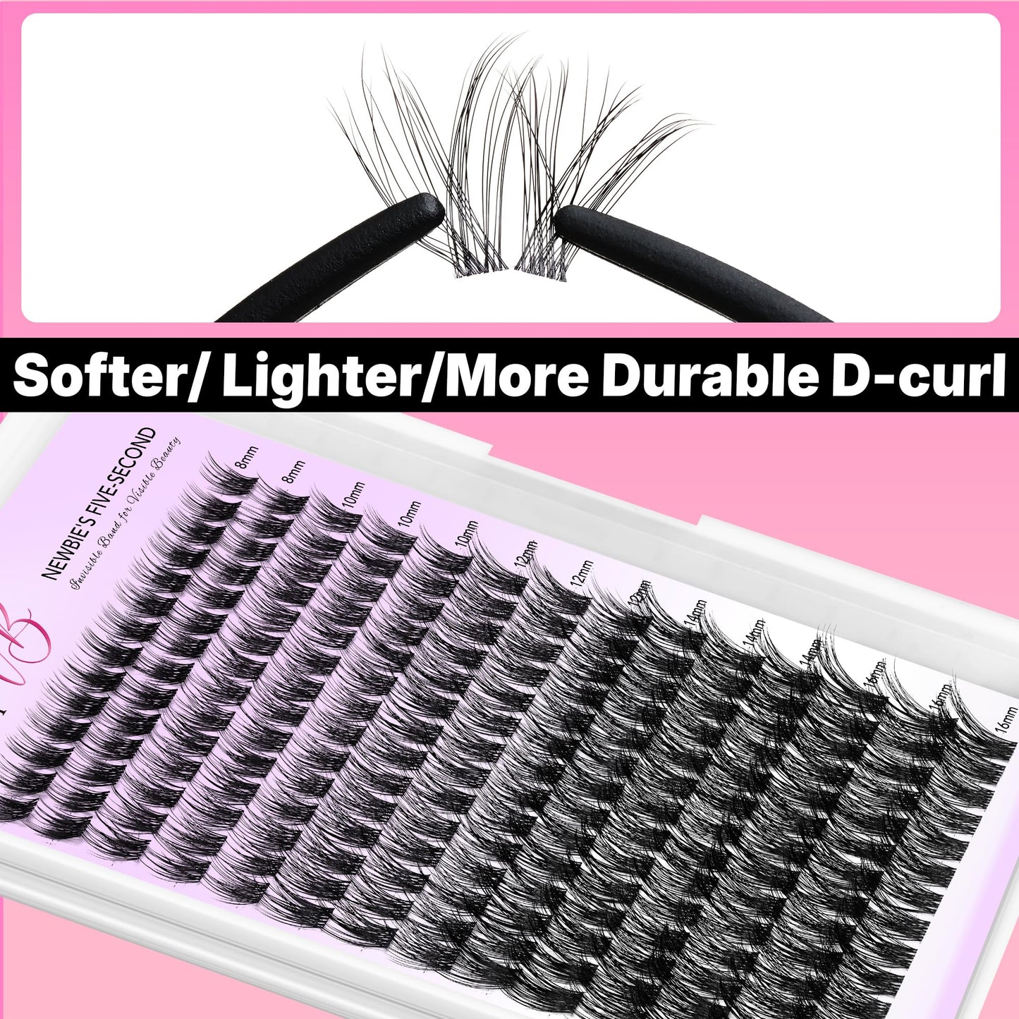 VEYESBEAUTY Lash Clusters Individual Eyelash Extensions Thin & Invisible Band DIY False Eyelashes for Self-application Newbie's Five-Second Series Wispy Lash Tray, LuxeBold 8-16mm Mixed Length
