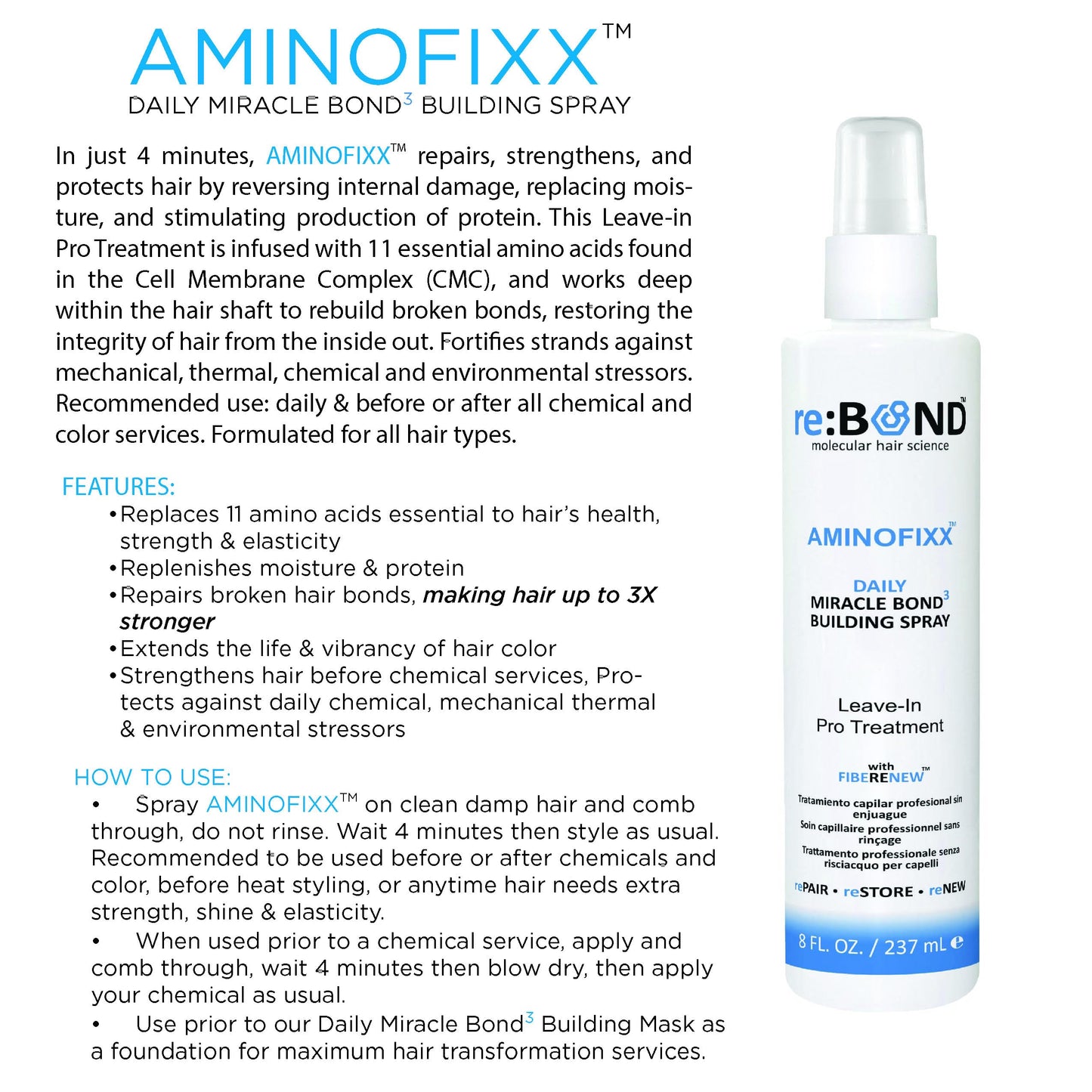 reBOND Hair AminoFixx Leave in Miracle Bond Building Spray 8 oz. Repairs, Strengthens & Maintains Hair Bonds - Eliminates Frizz & Reduce Breakage - for Color Treated, Dry & Damaged Hair