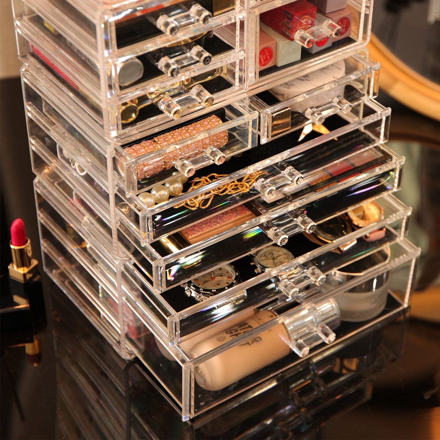 Cq acrylic 3 Pack Clear Make up Organizer Countertop,Stackable 7 Drawers Makeup Storage,Cute Vanity Organizers for dresser Hair Clip,Jewelry,Beauty Product Desk and Bathroom Organizers and Storage