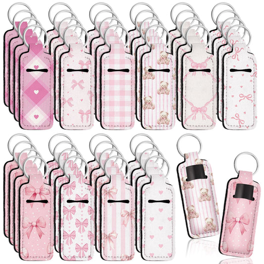 Quelay 40 Pcs Pink Lipstick Holder Keychain Bulk Preppy Bow Lip Gloss Sleeve Lip Balm Holder Gifts for Women(Bow Bear)