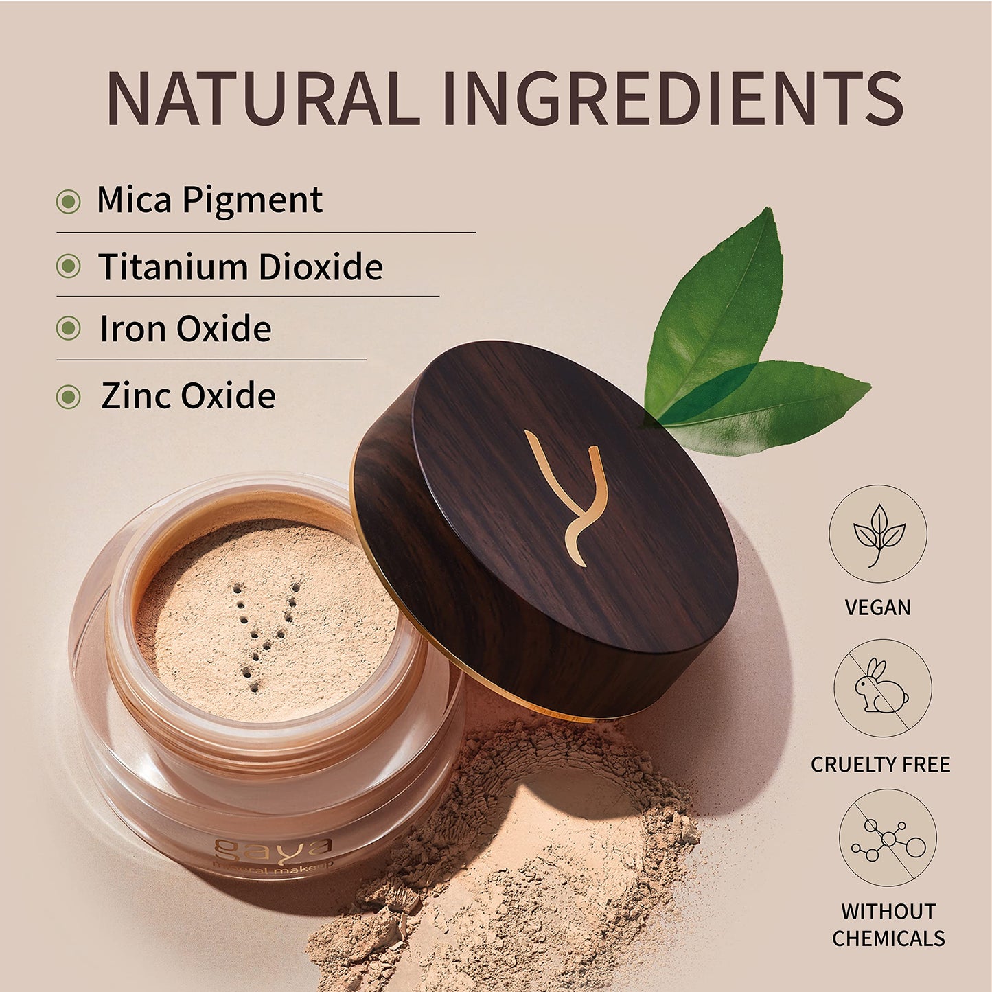 Vegan Mineral Powder Foundation Light to Full Coverage, Natural Foundation for Natural-Looking, Mica Mineral, Cruelty Free, No Chemicals by Gaya Cosmetics (MF3)