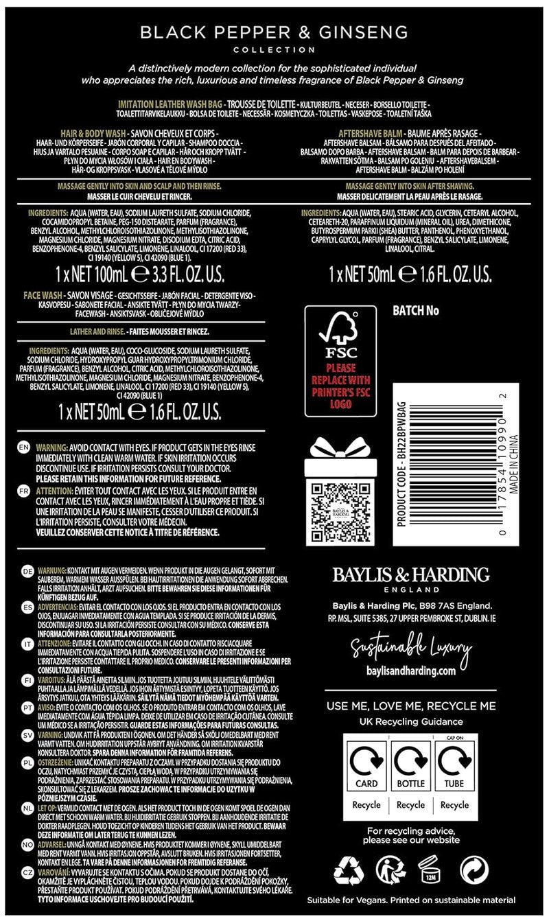 Baylis & Harding Men's Gift Set - Luxury Wash Bag with Black Pepper & Ginseng | 3-Pack