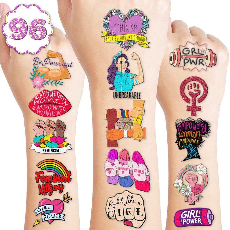 96PCS Funny Girly Feminist Temporary Tattoos Birthday Party Decorations Supplies Favors Decor Women Power Rights Gender Equality Tattoo Stickers Gifts For Adults Kids Girls Boys School Prizes Carnival