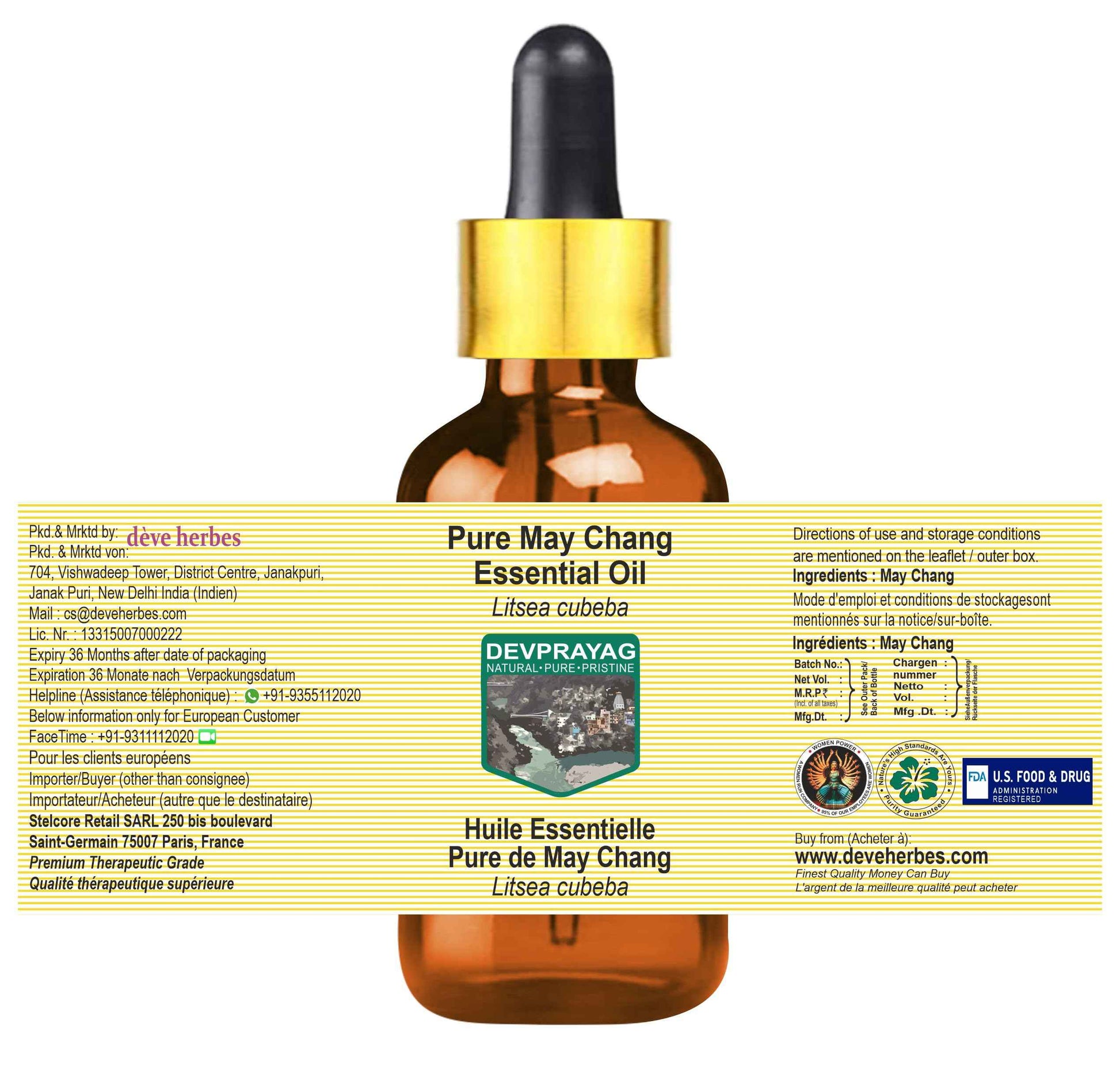 Devprayag May Chang Essential Oil (Litsea cubeba) with Glass Dropper | Pure | Non-Sticky | Non-Greasy | Lightweight | Men & Women | All Skin Types | Steam Distilled 100ml (3.38 oz)