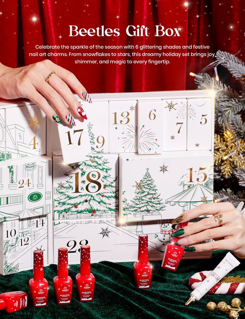 beetles Gel Polish Merry Glitzmas 2026 Gift Box – Summer Nail Art Set with Mini LED Nail Lamp Base Top Coat and Festive Holiday Surprises Gifts for Women Girls