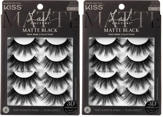 KISS Lash Couture 3D Matte False Eyelashes, Matte Cheviot', 18mm-20mm, Includes 4 Pairs Of Lashes, Contact Lens Friendly, Easy to Apply, Reusable Strip Lashes (Pack of 2)