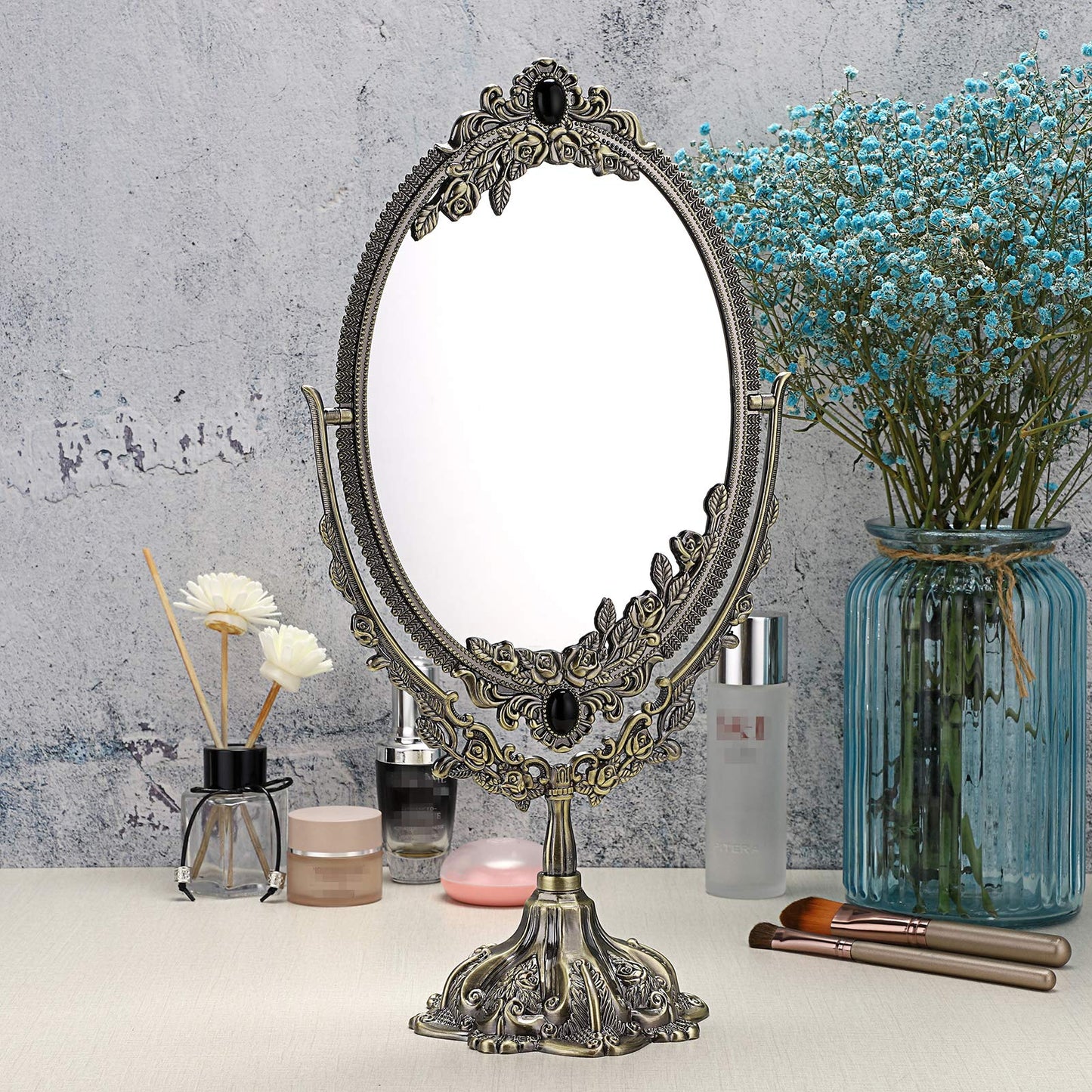 JUXYES Metal Tabletop Antique Decorative Makeup Mirror with Stand