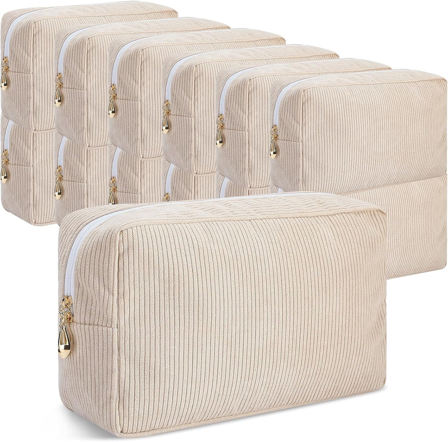 Amylove 12 Pcs Corduroy Makeup Bags - Large Capacity Portable Cosmetic Pouches | Beige & Pink Travel Organizers for Women