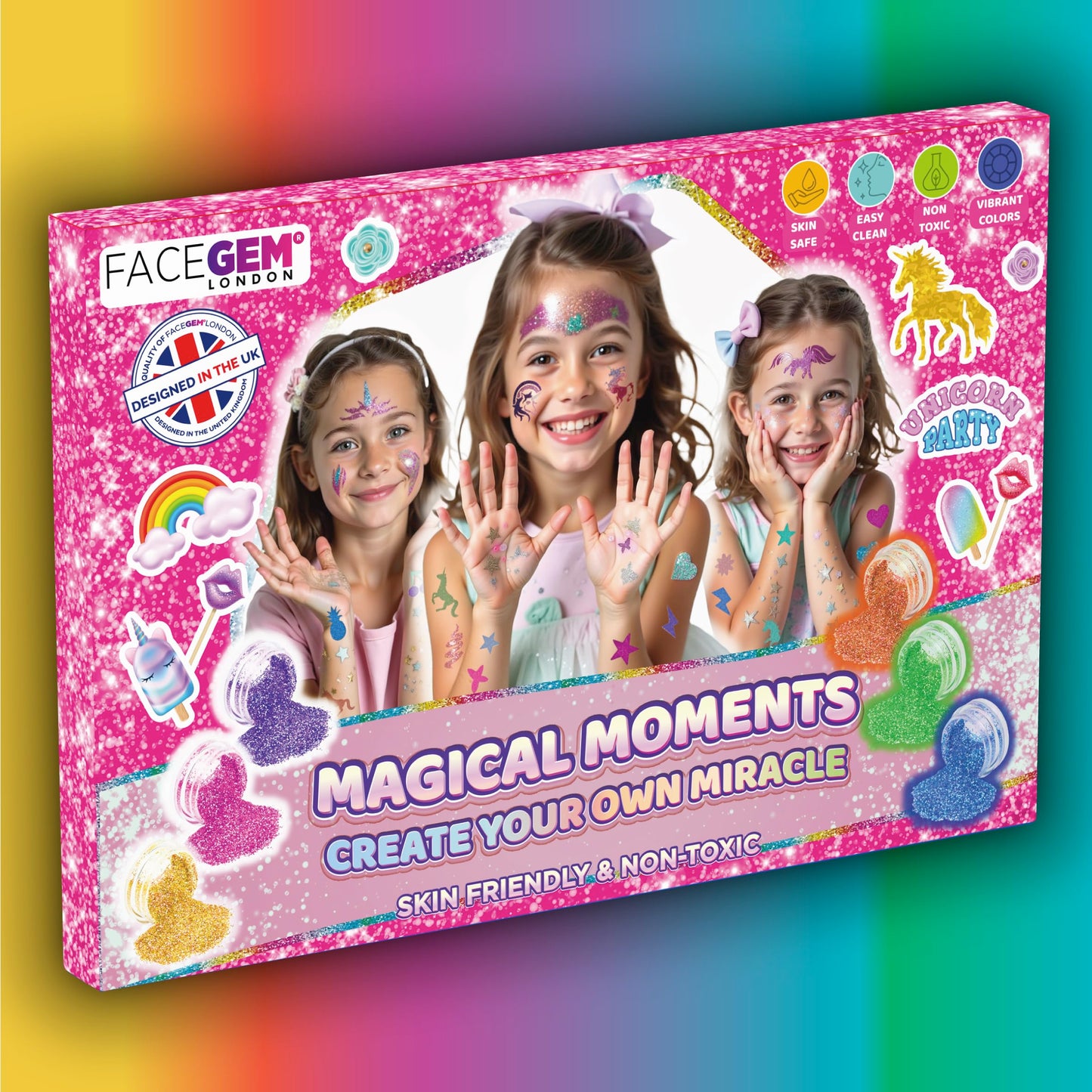 40 Colour - Glitter Tattoos for kids, Glitter tattoo kit, Temporary Tattoos for kids, Face glitter, 200+ Stencils, 40 Colour (10 neon), Rhinestones, Girls birthday present, Face Glitters