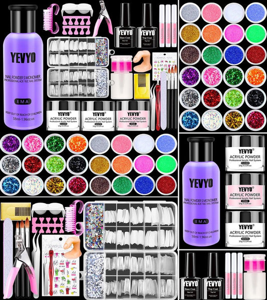 YEVYO Acrylic Nail Kit, 24 Color Glitter Acrylic Powder Monomer Liquid Set, Nail Kit Set Professional with Everything Acrylic Brushes and 200 Pcs Nail Tips for Extension Beginner