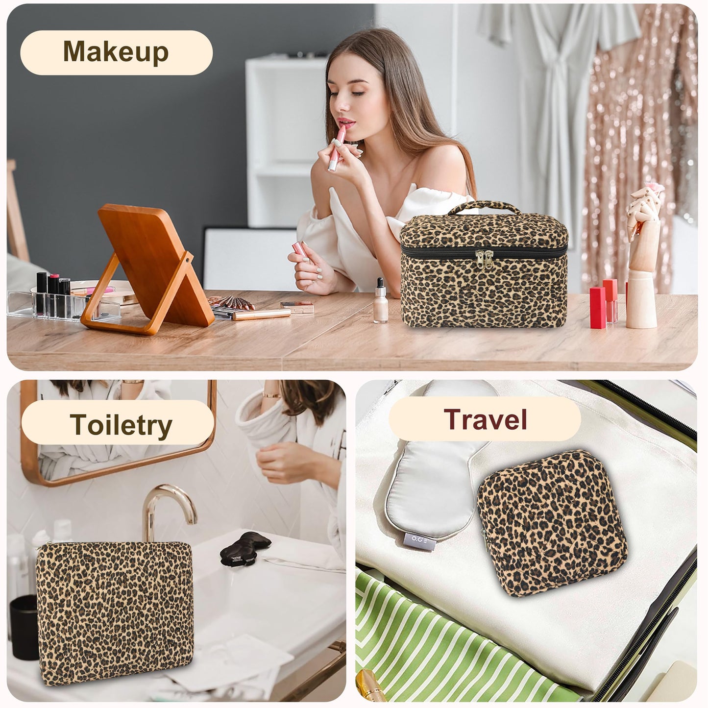 GISMTR 4Pcs Quilted Makeup Bag Set Cute Floral Cosmetic Bag Cotton Coquette Make up Bag Aesthetic Travel Toiletry Bag for Women Girls