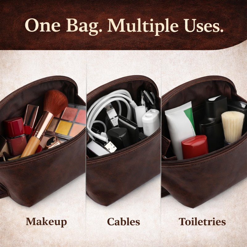 TheAntiq Genuine Leather Toiletry Bag for Men & Women, Leather Makeup Bag, Travel Dopp Kit Organizer with YKK Zipper, Handmade Cosmetics Case for Toiletries & Makeup (9 x 6 x 4 Inch)