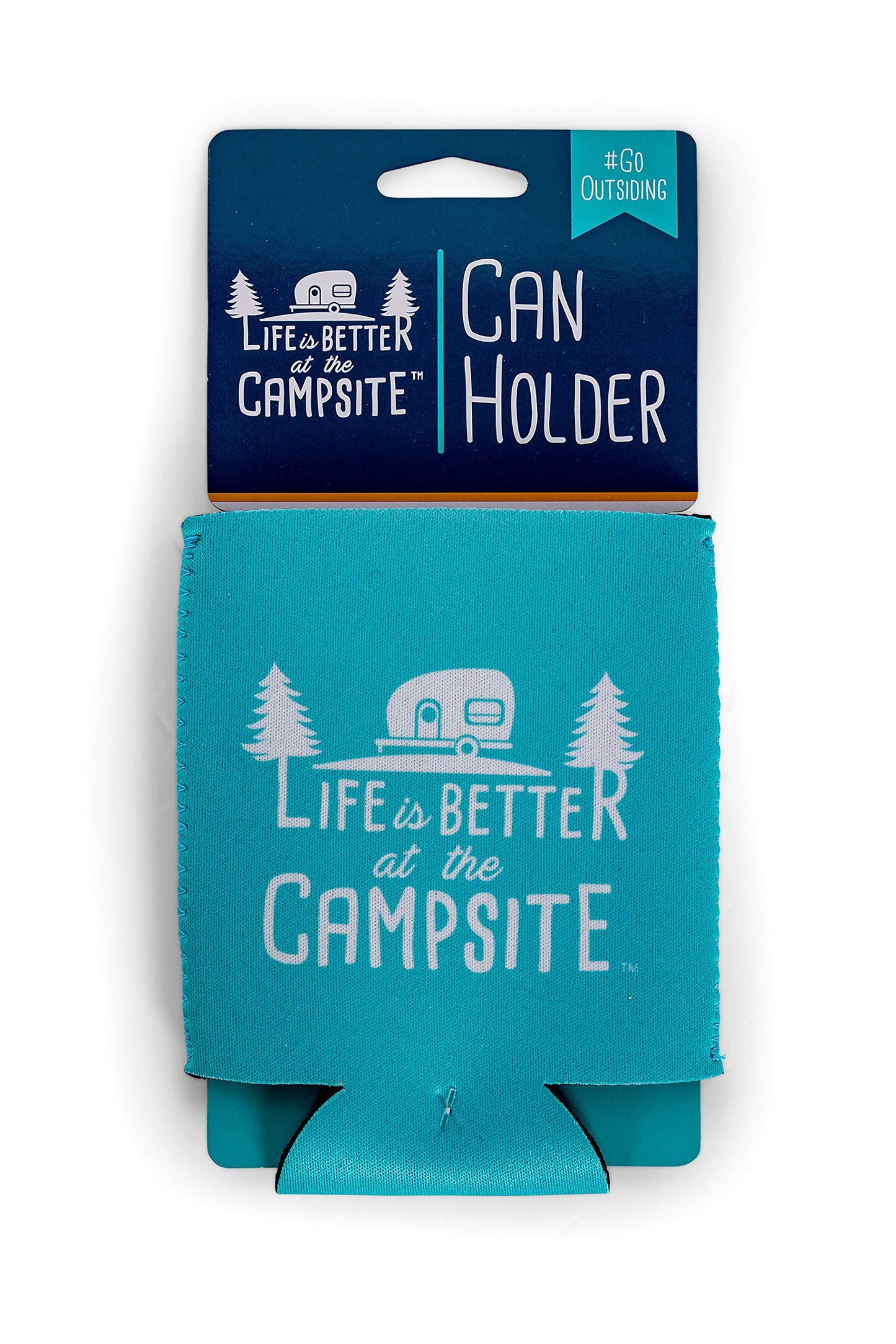 Camco Life is Better at The Campsite Can Sleeve – Neoprene Soda or Beer Can Coolie, Fits 12 oz. Cans, Teal Blue and White Retro Camper Theme – (53249)