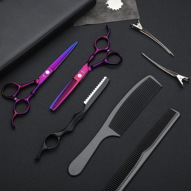 PURPLEBIRD Hair Cutting Scissors Kit, Professional Barber Scissors Hairdressing Shears Set with Stainless Steel Hair Scissor Thinning Scissor for Men Women Pet 10 Pcs Purple