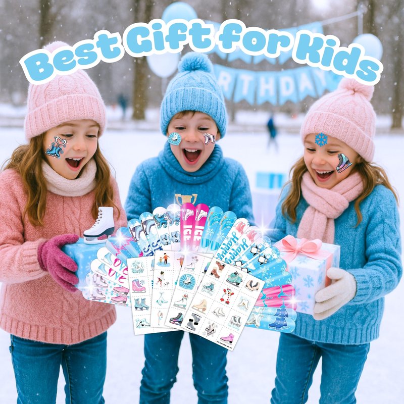 72PCS Ice Skating Party Set - 48PCS Temporary Tattoos & 24PCS Slap Bracelets - Fun Winter Sports-Themed Birthday Supplies, Baby Shower Gifts, Classroom Rewards & Party Decor for Kids (Boys & Girls)
