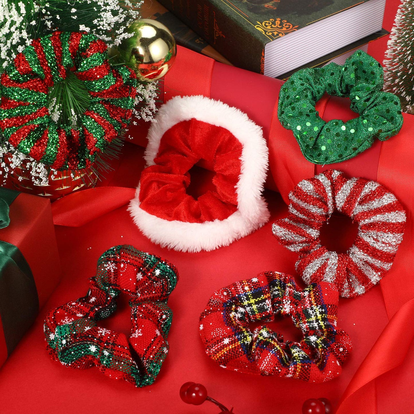 WILLBOND 25 Pcs Christmas Scrunchies for Women Red and Green Hair Accessories Bulk Holiday Plaid Velvet Soft Elastic Snowflake Ponytail Holder for Women Gifts(Novel Christmas Pattern)
