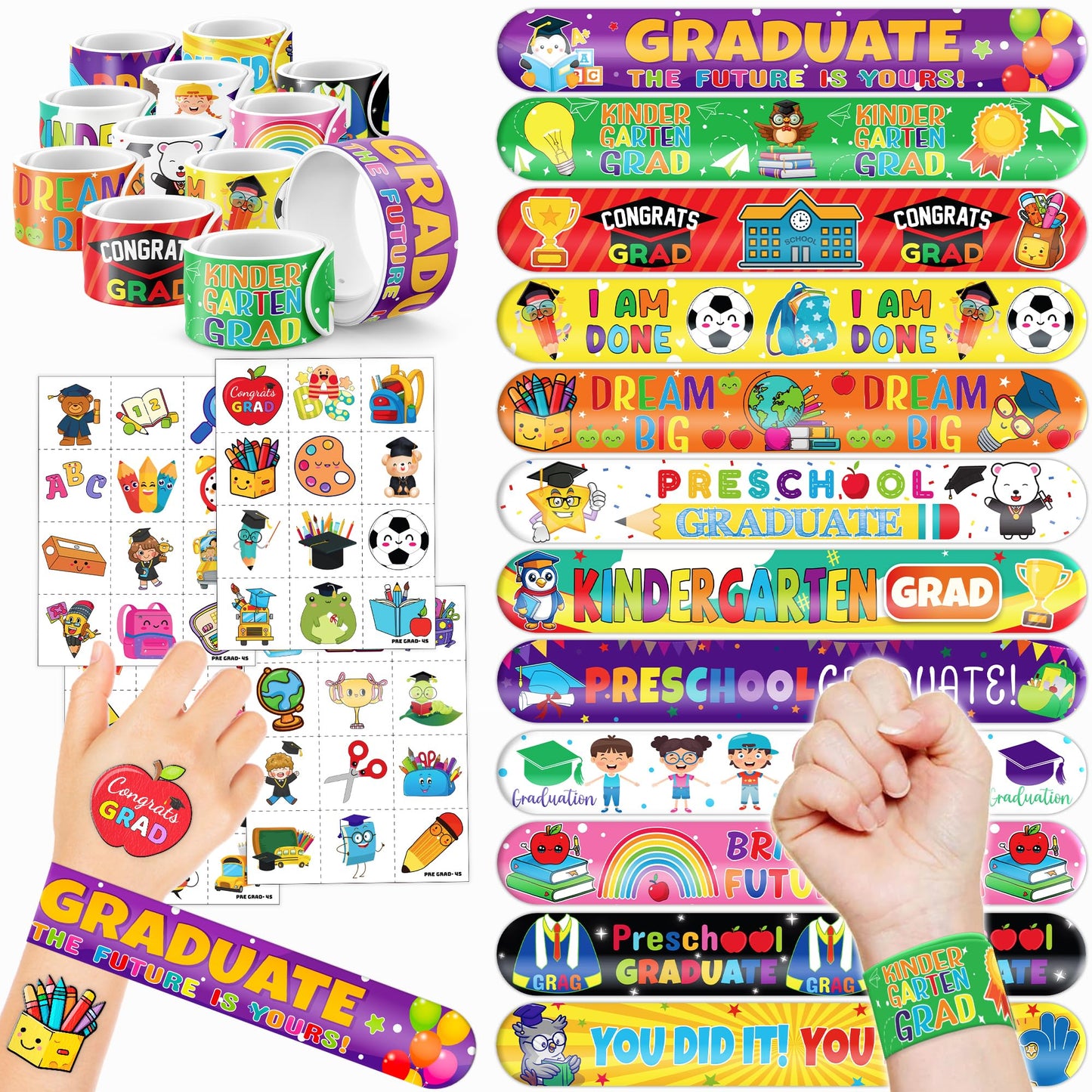 72 PCS Kindergarten Graduation Party Set - 48 Temporary Tattoos & 24 Slap Bracelets - Perfect for Themed Parties, Baby Showers, Classroom Rewards & Gifts for Kids