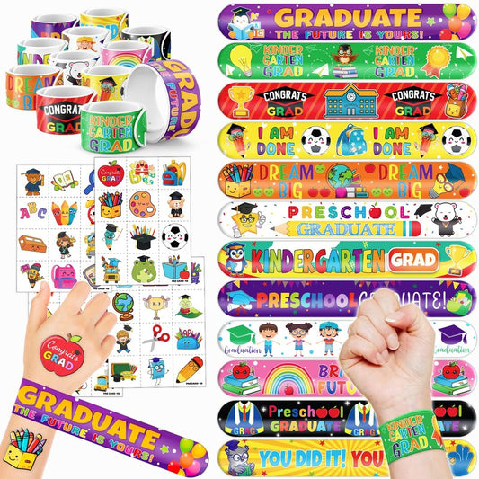 72 PCS Kindergarten Graduation Party Set - 48 Temporary Tattoos & 24 Slap Bracelets - Perfect for Themed Parties, Baby Showers, Classroom Rewards & Gifts for Kids