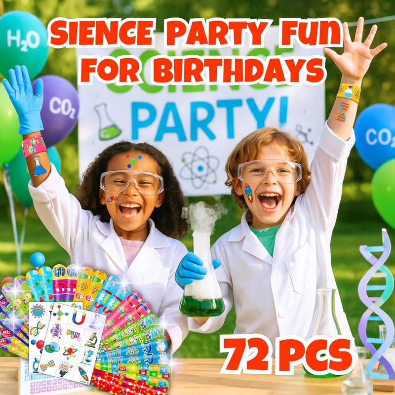 Science Party Favors - 48PCS STEM-Themed Tattoos & Slap Bracelets | Birthday, Baby Shower & Classroom Rewards for Kids