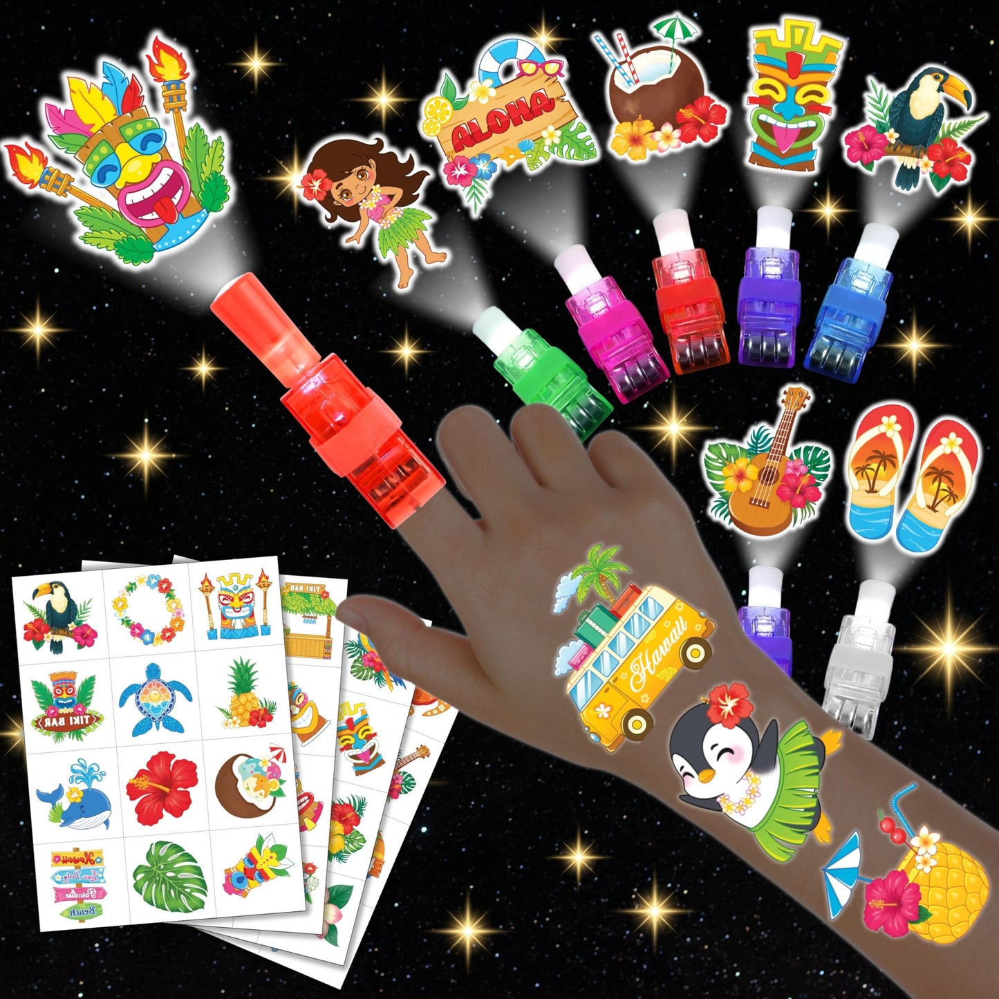 72 PCS Glow In The Dark Hawaiian Party Favors – 48 PCS Luminous Tattoos & 24 PCS LED Finger Lights Combo – Birthday Goodie Bag Fillers, Party Supplies, Gifts Light Up Toys for Boys and Girls