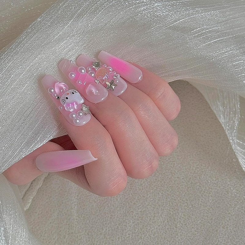 Press On Nails - 24 Pcs Long Kawaii Light Pink Gel Nails for DIY Manicure | Perfect for Girls