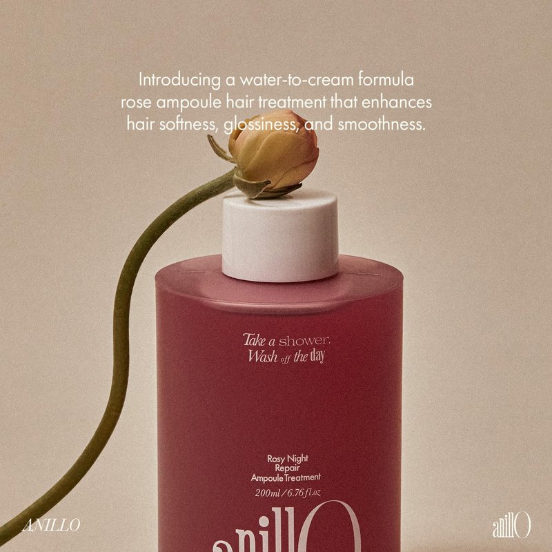 ANILLO Rosy Night Hair Ampoule Treatment for Damaged Hair – Water-to-Cream Repair Formula with Peptides & Amino Acids – Frizz Control, Color Safe, Silicone-Free, Floral Musk Scent – 6.76 fl oz