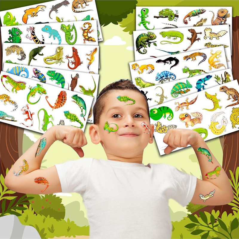 Gecko Lizard Temporary Tattoos - 100 PCS Birthday Party Decorations | Cute Reptile & Chameleon Stickers for Kids