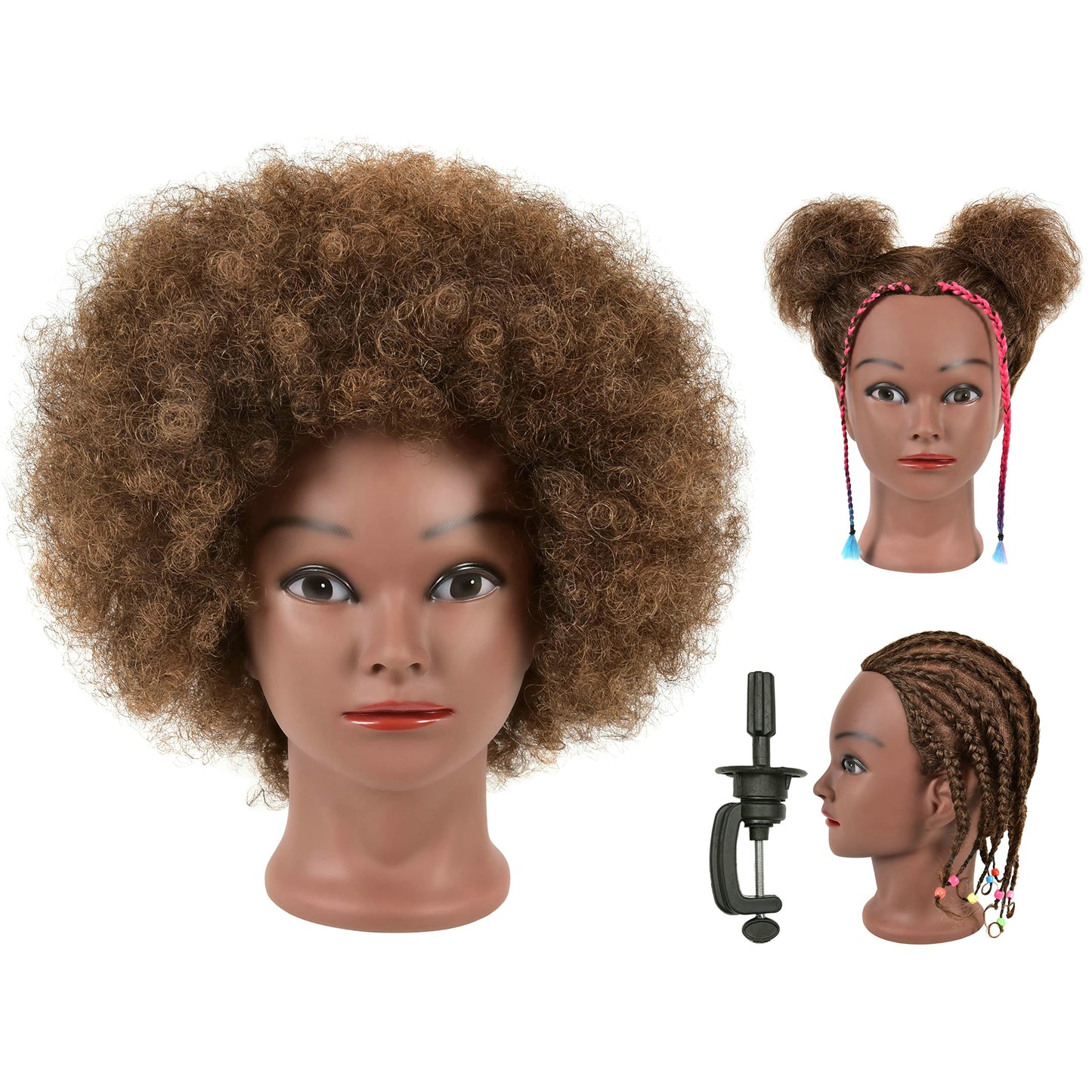QACIEH Afro Kinky Curly Real 100% Human Hair Mannequin Head with Stand for Hairdresser Practice Cosmetology Manikin Doll Training Head Braiding Styling Cutting Updos