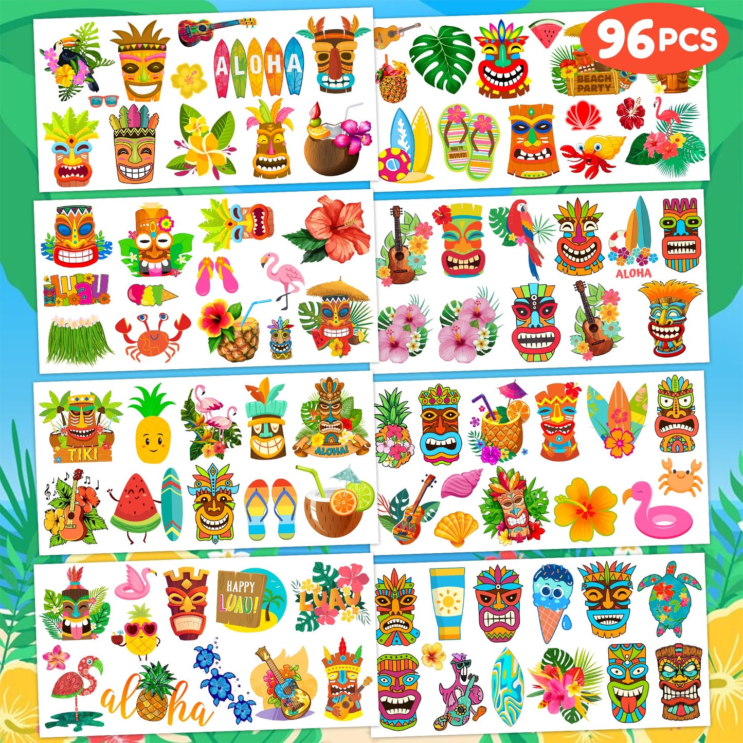 Luau Temporary Tattoos for Kids - 96 PCS, 8 Sheets