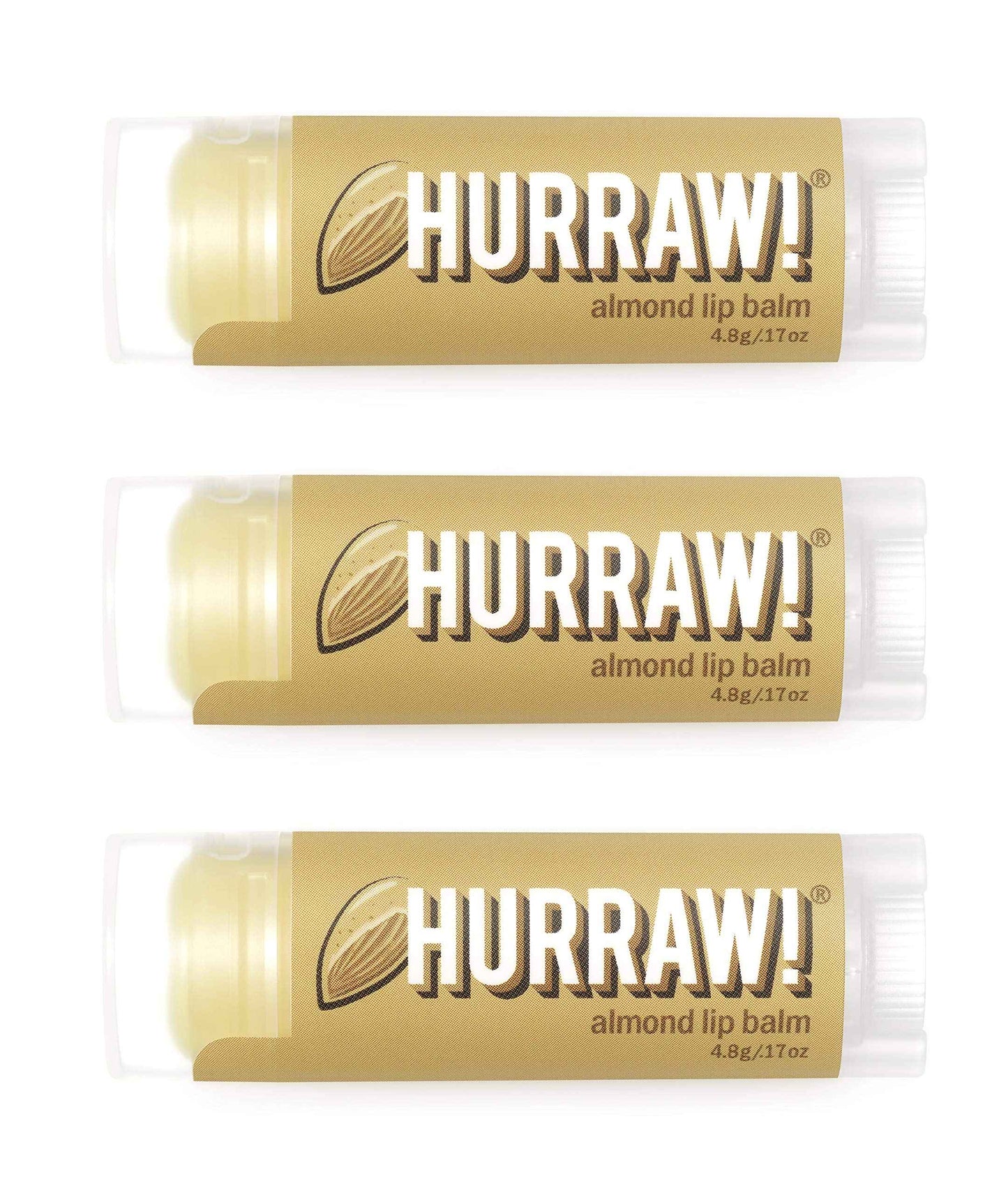 Hurraw! Almond Lip Balm, 3 Pack: Organic, Certified Vegan, Cruelty and Gluten Free. Non-GMO, 100% Natural Ingredients. Bee, Shea, Soy and Palm Free. Made in USA