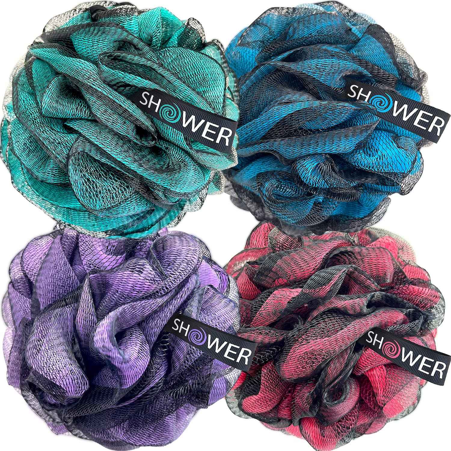 SHOWER BOUQUET Loofah-Charcoal Bath-Sponge XL-Color-4-Pack // Extra Large 75g Soft Mesh Black Luffa Loofa Loufa Puff Set/Exfoliating Body Scrubber for Women and Men - Exfoliate & Soothe Face & Body