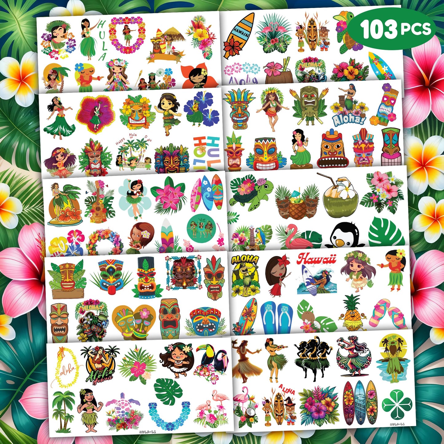 103 PCS Hula Hawaiian Temporary Tattoos Stickers Summer Beach