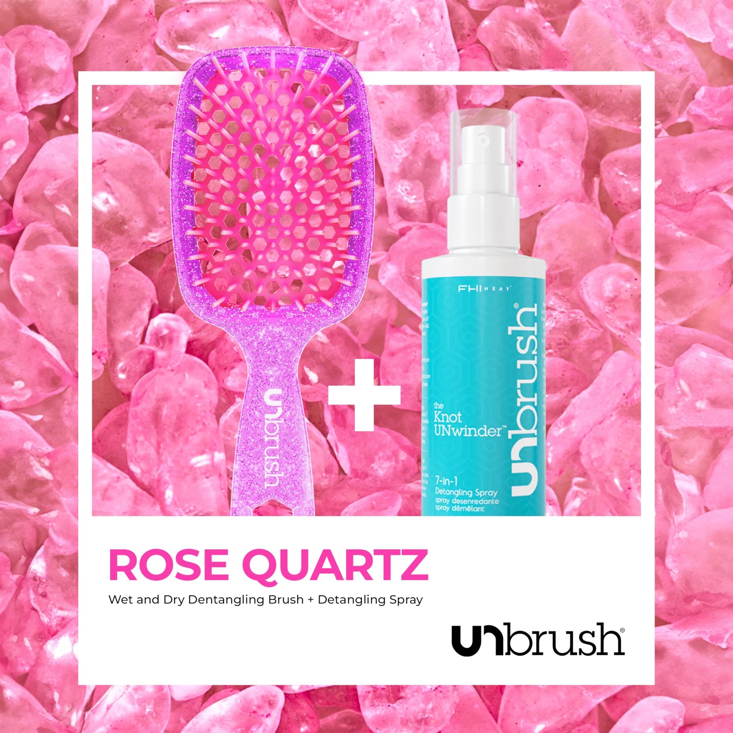 FHI Heat UNbrush Detangling Brush and UNwinder Detangling Spray Combo Pack - Tangle-Free Hair, Pain-Free Brushing, Anti-Static Bristles, Lightweight Hair Brush, Rose Quartz Pink