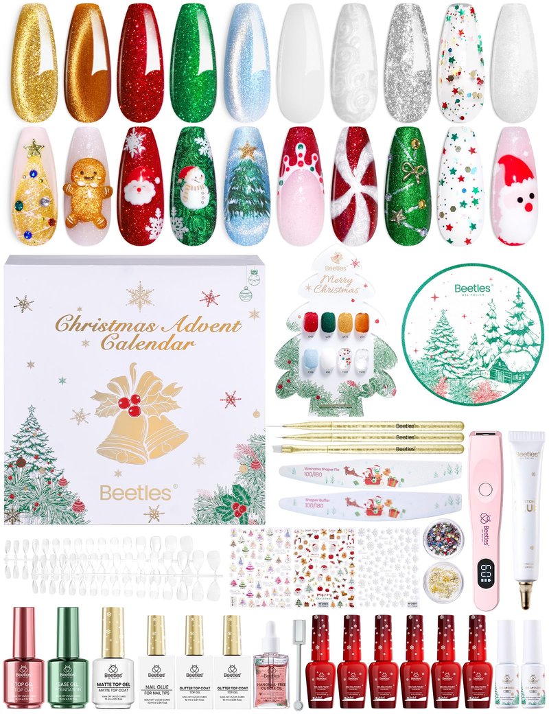 beetles Gel Polish Merry Glitzmas 2026 Gift Box – Summer Nail Art Set with Mini LED Nail Lamp Base Top Coat and Festive Holiday Surprises Gifts for Women Girls
