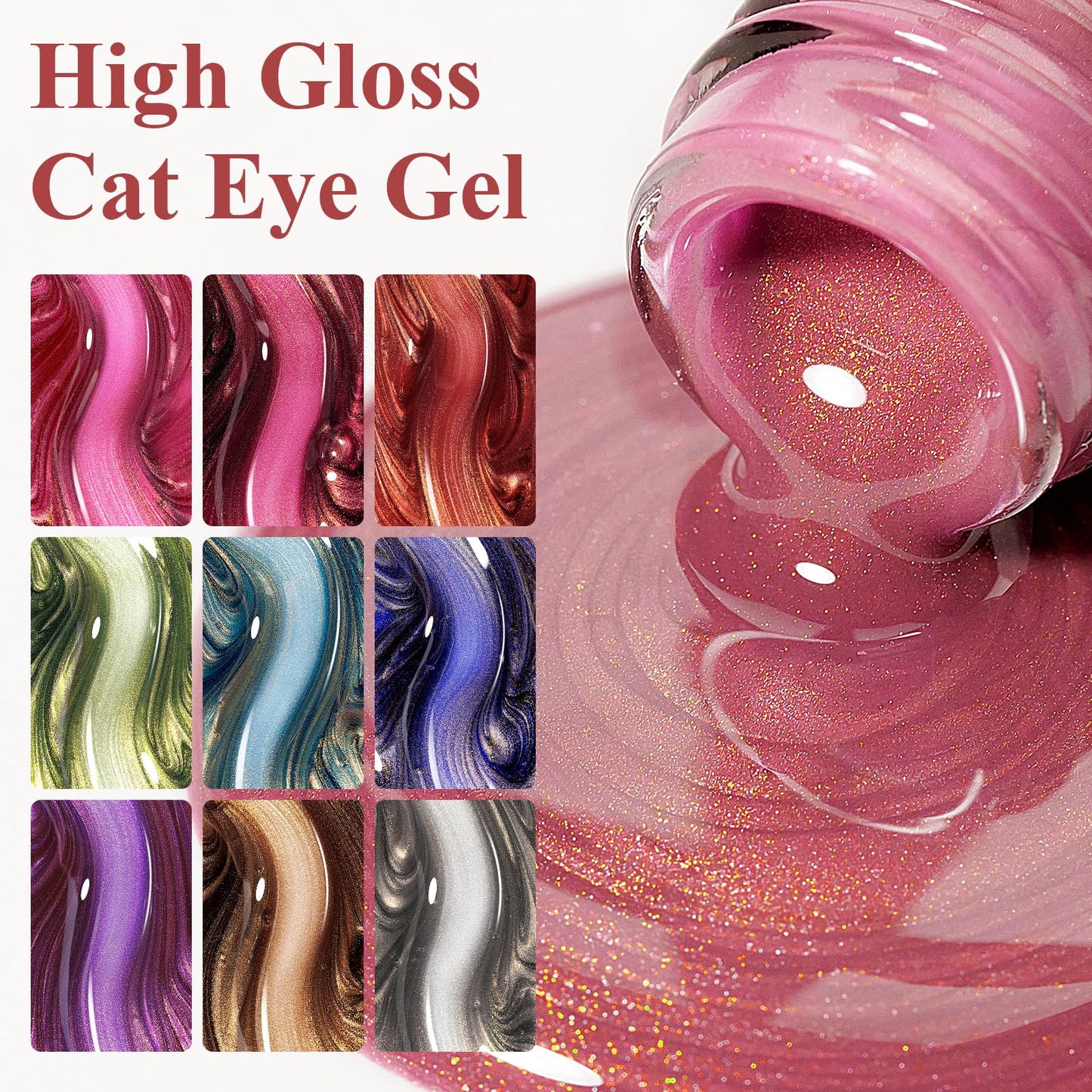 Bevimee Cat Eye Gel Nail Polish Set-10 Colors with Magnet Cats Eye Gel Polish Silver Pink Blue Jelly Glass Effect Crystal Glitter Cateye UV Kit Home Manicure DIY Nail Art