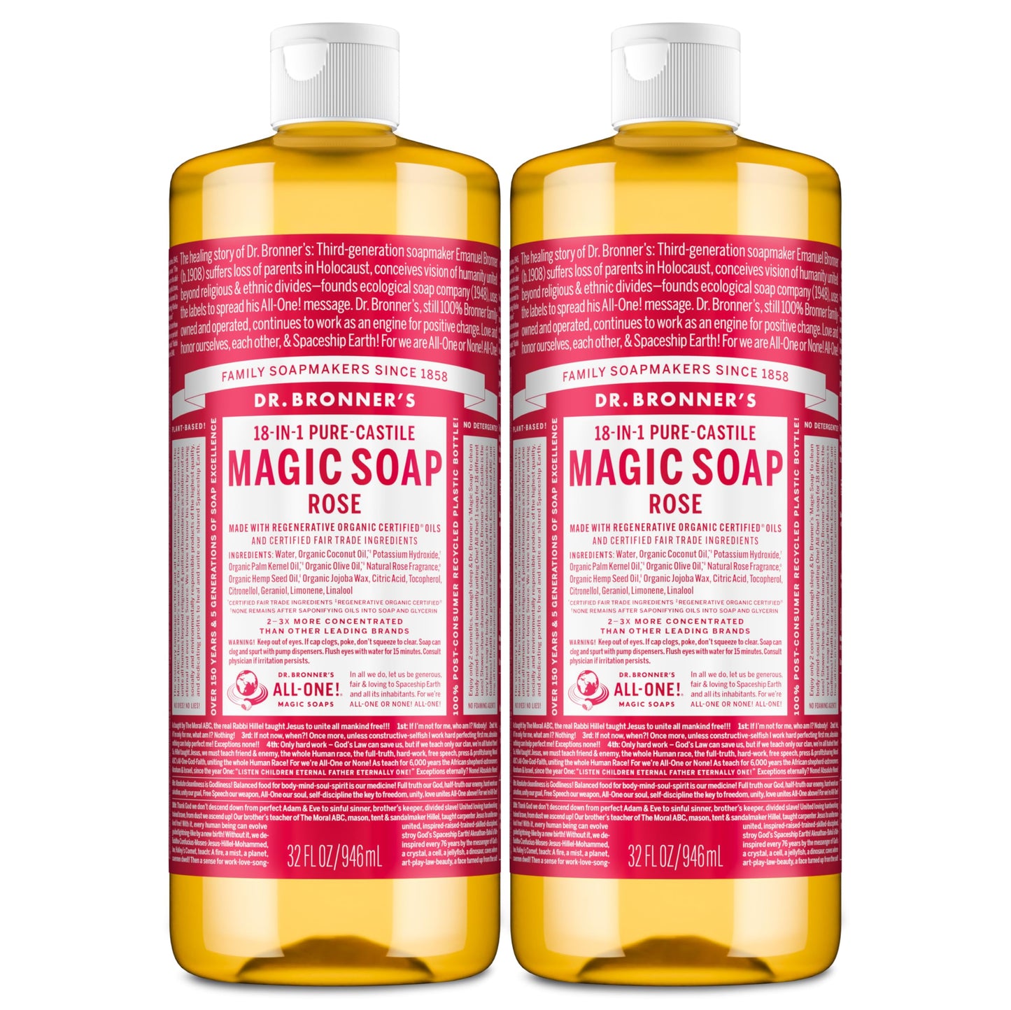 Dr. Bronner's Pure-Castile Magic Liquid Soap (Rose, 32 Ounce, 2-Pack)- Made with Regenerative Organic Certified Oils, 18-in1 Uses: Face, Hair, Hand & Body Soap, Laundry, Pets- Concentrated, Vegan