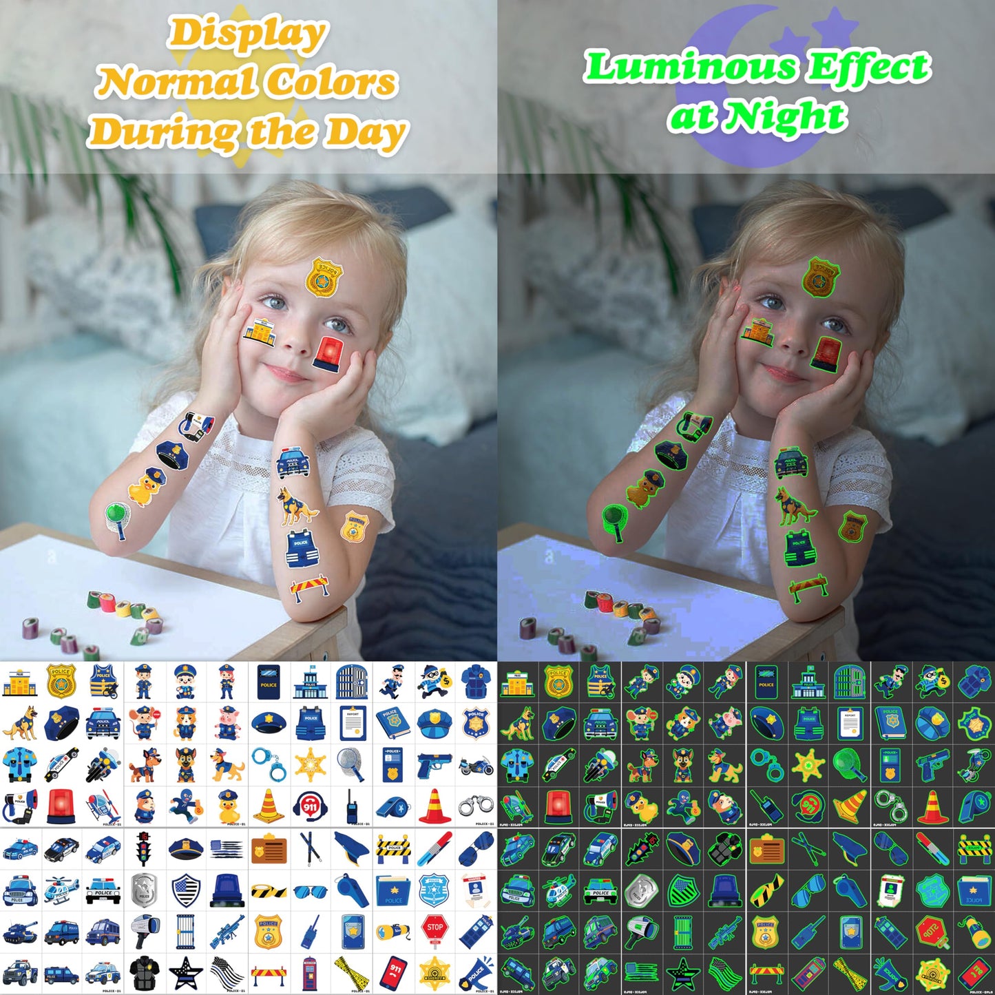 96 PCS Police Car Police Officer Policeman Pre-Cut Luminous Glow in the dark Temporary Tattoos for Kids | Super Cute Theme Birthday Party Favors Supplies Decorations, Fake Tattoos Gifts for Boys Girls