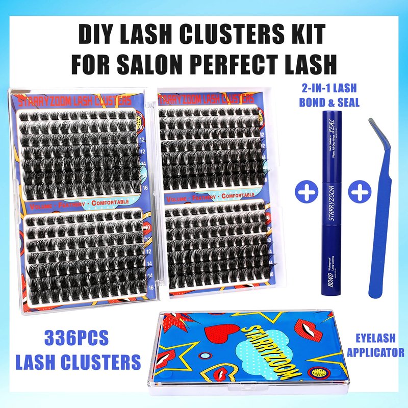 Starryzoom Lashes Clusters Kit Natural Volume Wispy Cluster Eyelash Extensions 336Pcs D-Curl DIY Individual False Eyelashes 8-16MM Mixed with Bond Seal Tweezers