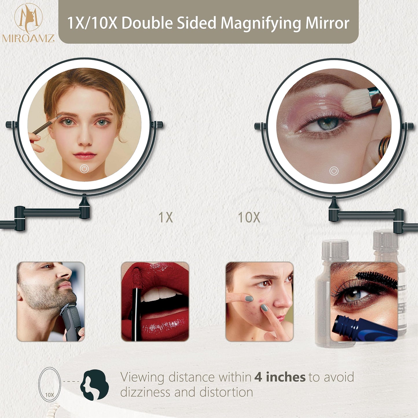 MIROAMZ Rechargeable Wall Mounted Lighted Makeup Vanity Mirror 8 Inch Double Sided 1X 10X Magnifying Bathroom Mirror, 3 Color Lighting, Touch Screen Dimming, 360 Rotation Shaving Matte Black