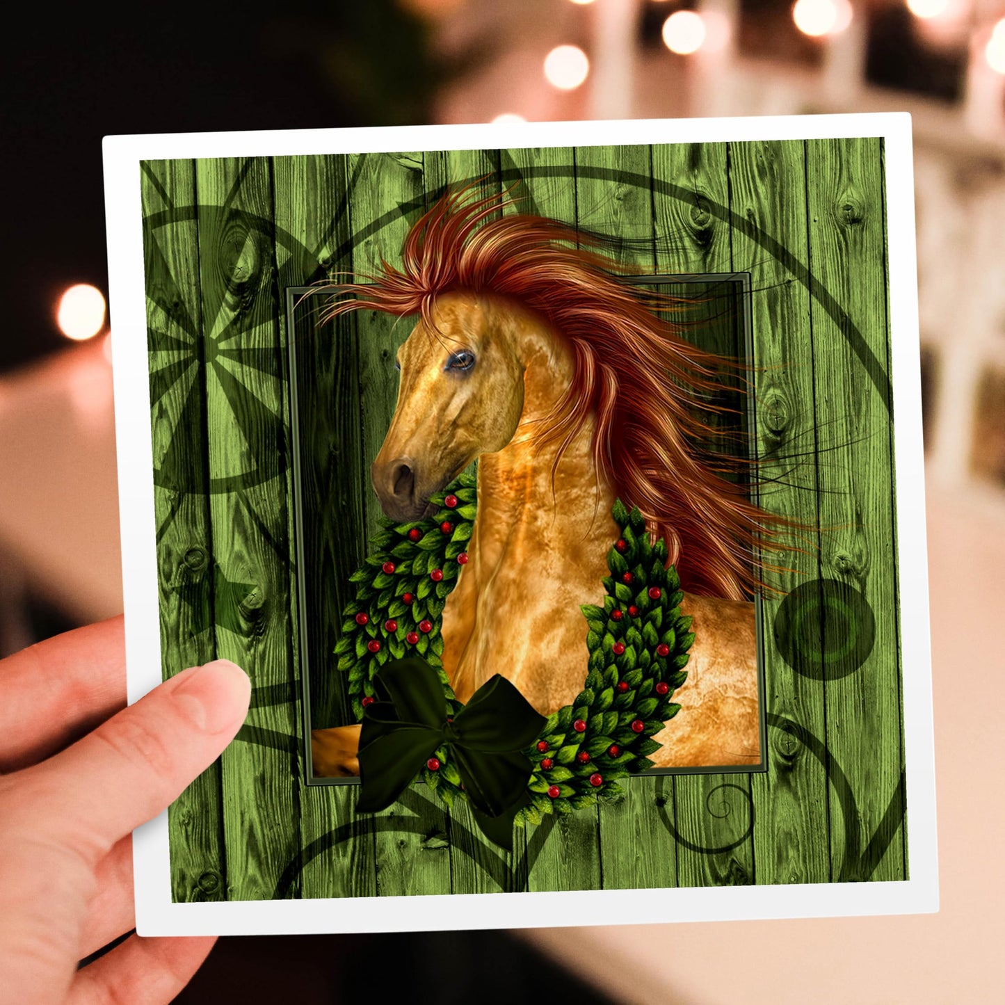 3dRose Western Christmas Horse with Wreath and Barn Wood Greeting Cards, Set of 6 (gc_164738_1)
