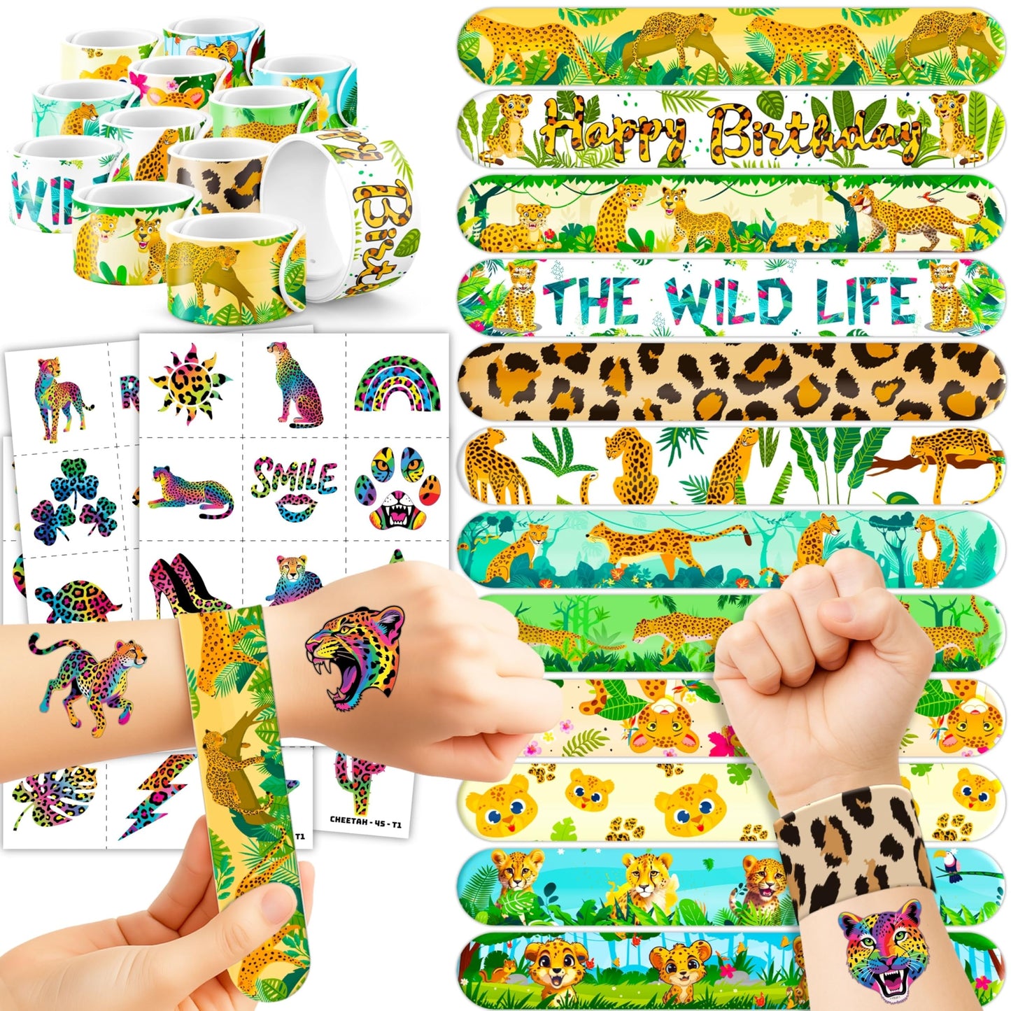 Cherisnowy 72 PCS Cheetah Party Favors 48PCS Tattoos Sticker and 24PCS Slap Bracelets Wristbands Perfect for Themed Birthday Baby Showers or Classroom Rewards Ideal Decor and Gifts for Girls and Boys
