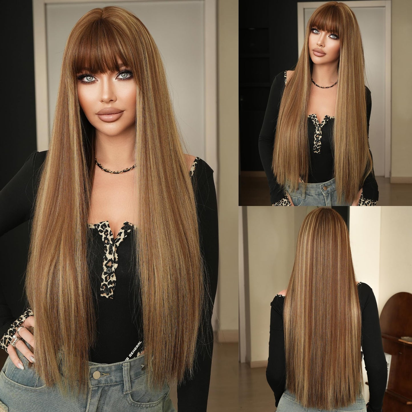 PARK YUN Blonde Highlight Wigs for Women 28 Inch Long Straight Synthetic Wig with Bangs Blonde Mix Brown Heat Resistant Silky Soft Fiber Glueless Full Wig for Daily Party Cosplay Use