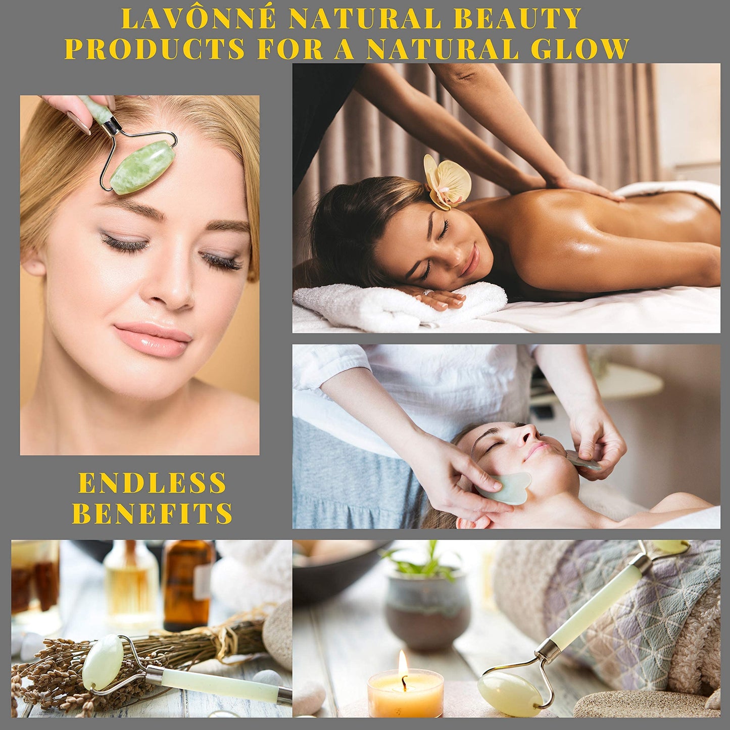 LAVÔNNÉ 100% Authentic Amethyst Jade Roller and Gua Sha Set for face I Micro Needle I Facial Tools I Purple Guasha I Premium Quality I Mother's Day Gift. (4 PCS, Purple)