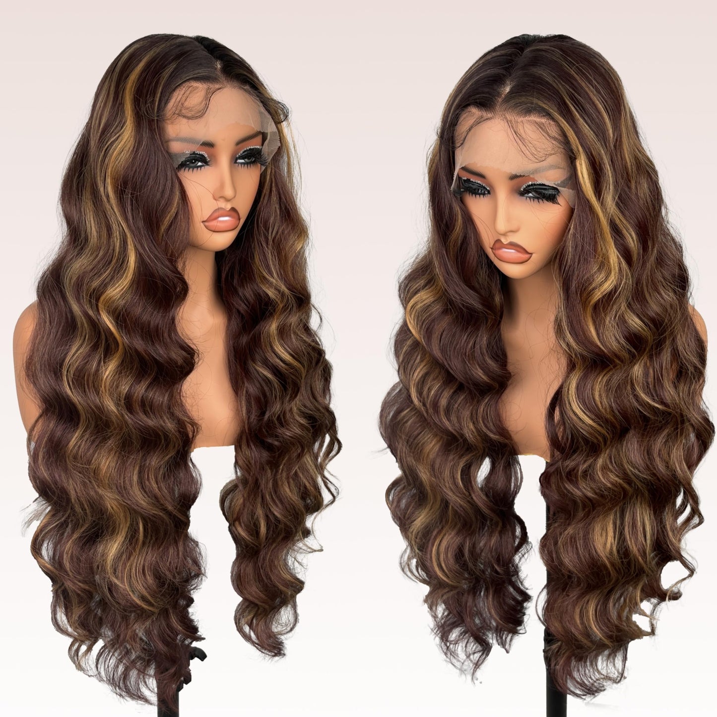 Honey Brown Lace Front Synthetic Wig For women 30 Inch Body Wave 13x4 Lace Front Ombre Brown Highlight wig Heat Resistant Transparent Pre Plucked Hairline with baby hair wig (1B/27/613)